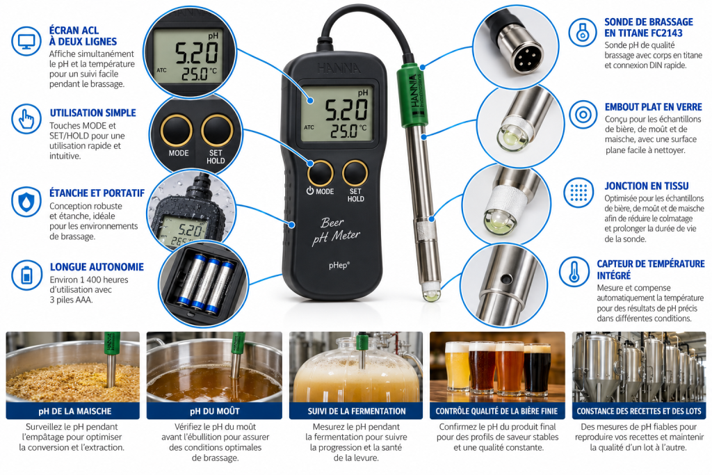 Infographie du pH-mètre de brassage HANNA